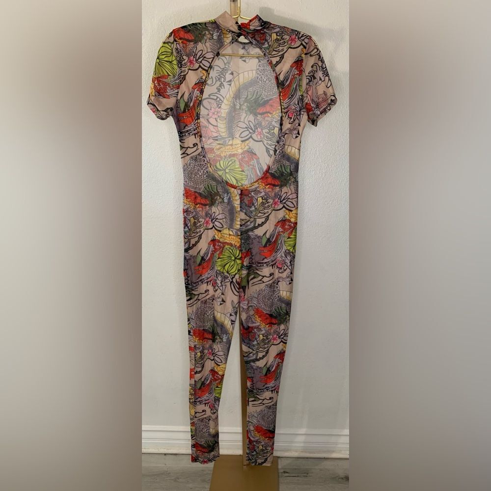 Sheer Mesh Tattoo Print Jumpsuit Mock Neck back Cutout - Picture 2 of 6